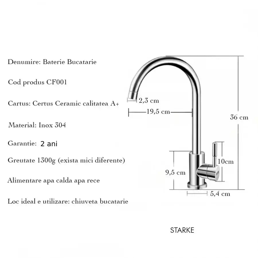 Baterie Bucatarie Monocomanda Pipa Pivotanta Cartus Ceramic Inox Satinat Racorduri Kit Fixare Incluse Cf001 - vivimall.ro
