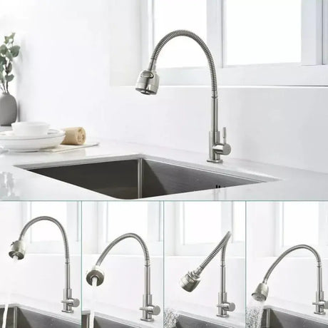 Baterie Bucatarie Pipa Flexibila 2 Jeturi Cartus Ceramic Inox Satinat Racorduri Incluse Cf031 - vivimall.ro