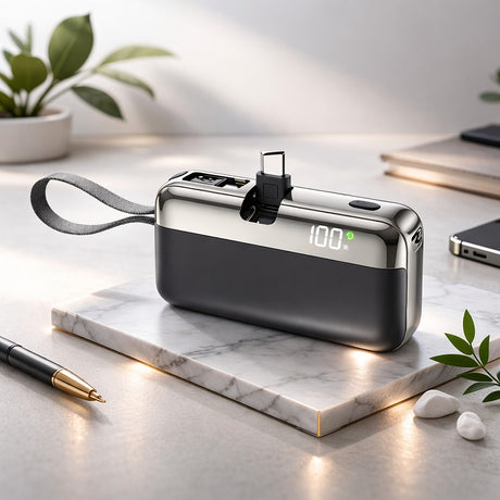 Power bank Flippy Capsule 10000 mAh negru, indicator LED nivel încărcare, compatibil USB, detaliu lateral