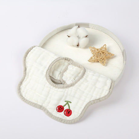 Baveta Tip Floare, Flippy, din Bumbac, pentru Copii 0-12 Luni, Rezistenta la apa, 8 Straturi, Model Tricotat cu Cirese, 26 x 29 cm, Alb