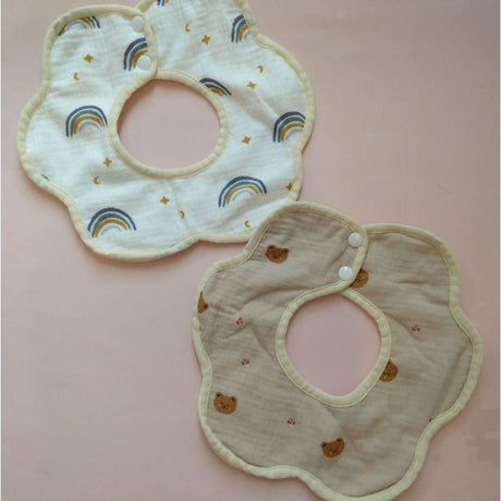 Baveta Tip Floare, Flippy, din Bumbac, pentru Copii 0-12 Luni, Rezistenta la apa, cu Capse, Model Curcubeu, 26 x 29 cm, Alb