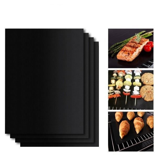 Set 4 Folii Antiaderente din Teflon, Vivimall, Multifunctionale, Rezistente la Apa si Temperaturi Ridicate, pentru Gratar, Cuptor, BBQ Grill, 40x33 cm, Negru - vivimall.ro