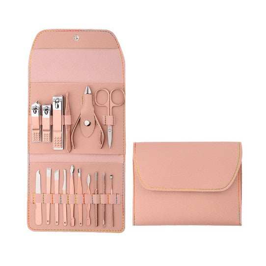 Set 16 Piese De Injire Cosmetica, Pentru Manichiura, Pedichiura, Fata, Geanta Organizatoare Din Piele Ecologica Inclusa, Roz - vivimall.ro