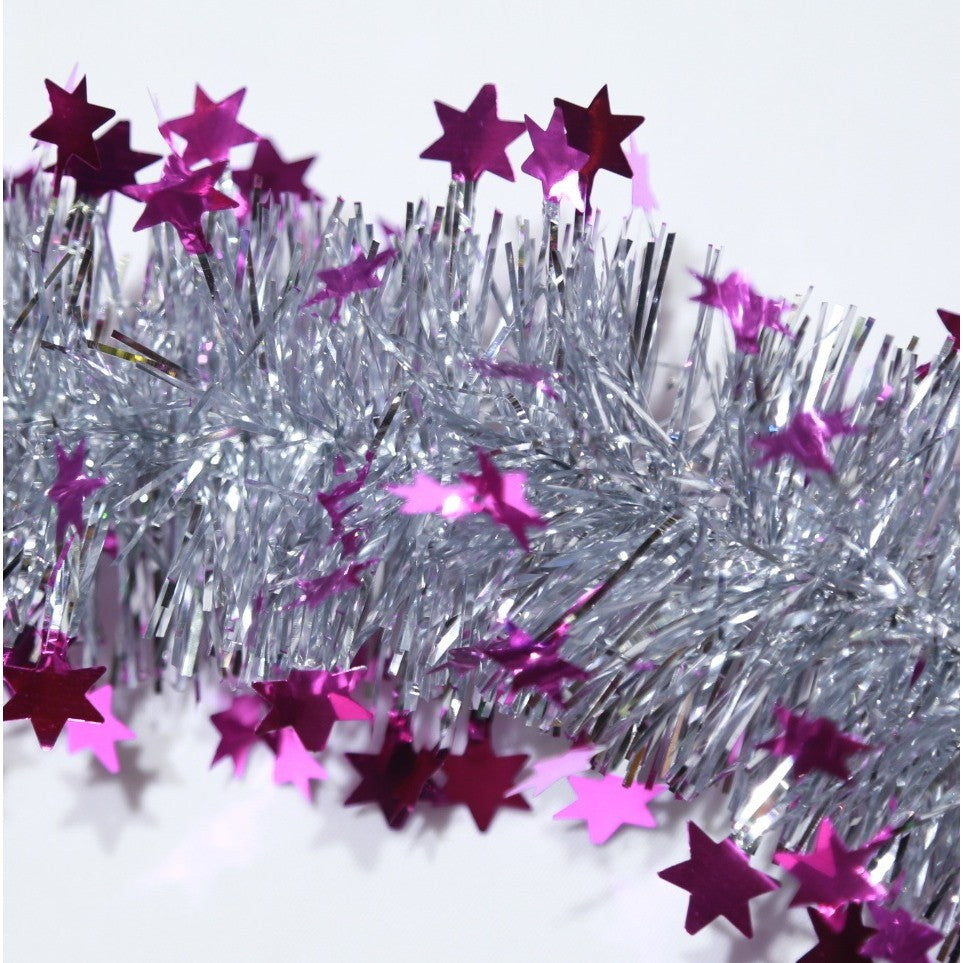 Beteala de Craciun cu LED, Flippy, 2 m, 5 cm Grosime, din PVC, Model cu Stelute, Artificiala, Mov/Argintiu