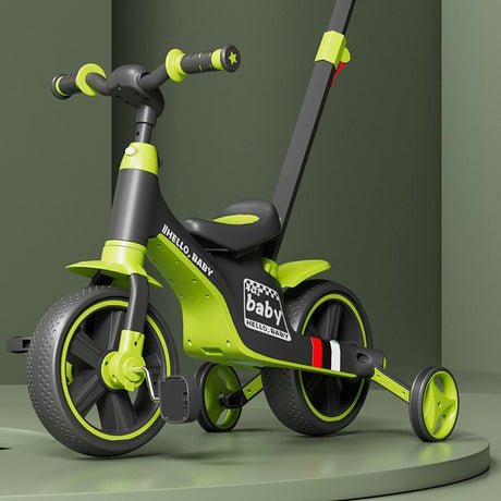 Bicicleta Multifunctionala pentru Copii, Vivimall, 3 in 1 Bicicleta Troller Tricicleta, 2-6 ani, cu Roti Auxiliare, Ghidon si Scaun Reglabil, 93 x 78 x 43 cm, Negru Verde - vivimall.ro