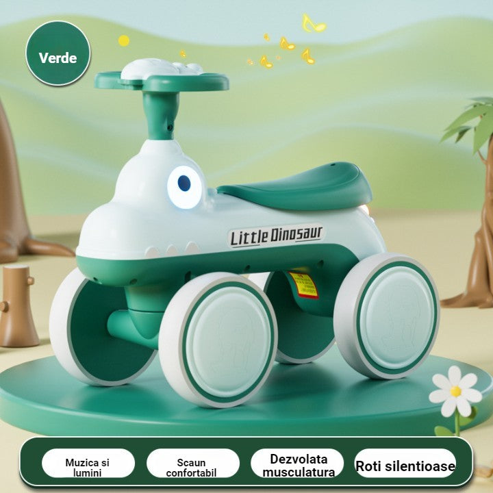 Bicicletă Pentru Copii, Fără Pedale, Cu Patru Roți, Din Plastic Rezistent, Fără BPA, Cu Muzică Și Lumini, Model Dinozaur, 50x27x40 cm - vivimall.ro