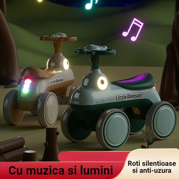 Bicicletă Pentru Copii, Fără Pedale, Cu Patru Roți, Din Plastic Rezistent, Fără BPA, Cu Muzică Și Lumini, Model Dinozaur, 50x27x40 cm - vivimall.ro