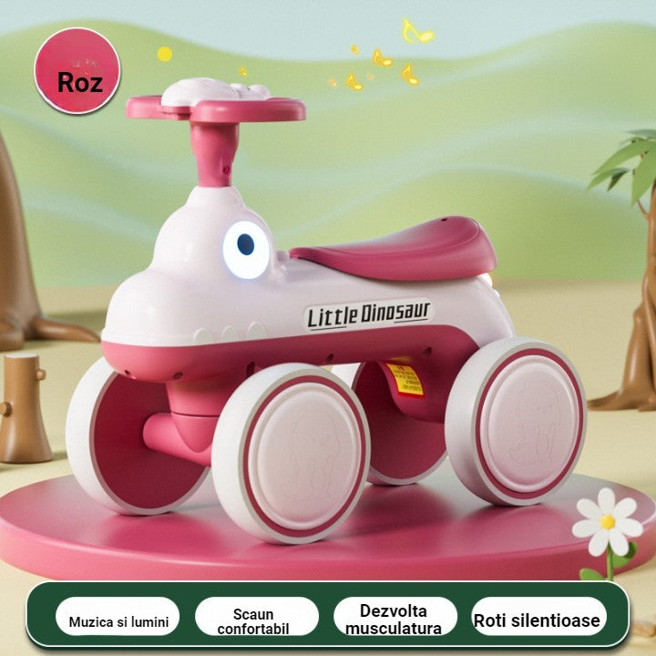 Bicicletă Pentru Copii, Fără Pedale, Cu Patru Roți, Din Plastic Rezistent, Fără BPA, Cu Muzică Și Lumini, Model Dinozaur, 50x27x40 cm - vivimall.ro