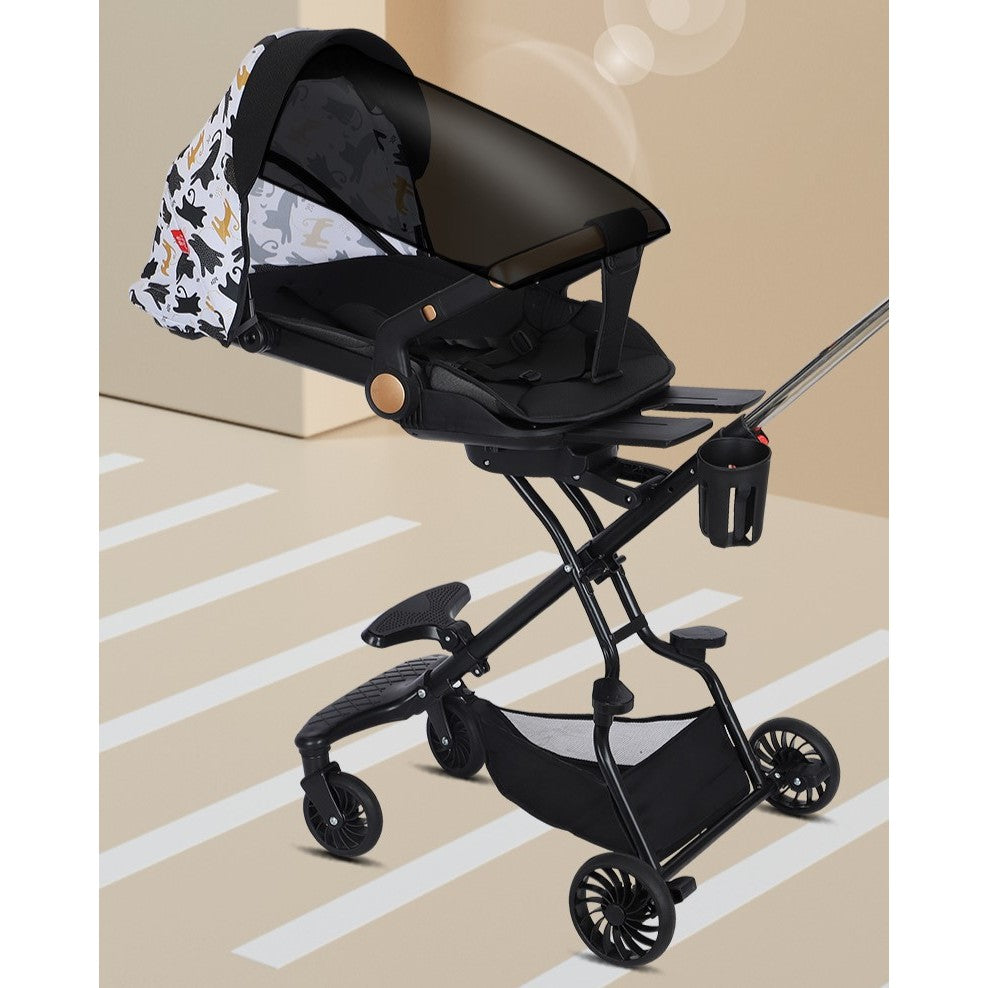 Carucior Sport Flippy 3in1, 6-36 Luni, Reversibil, Pliabil, Tavita pentru Masa, Pozitie de Somn, Centura de Siguranta, Roti 360, Suport Pahar, Copertina pentru Soare, 32x63x95cm, Negru Model Pisicute - vivimall.ro