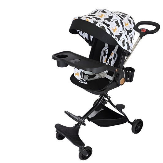 Carucior Sport Flippy 3in1, 6-36 Luni, Reversibil, Pliabil, Tavita pentru Masa, Pozitie de Somn, Centura de Siguranta, Roti 360, Suport Pahar, Copertina pentru Soare, 32x63x95cm, Negru Model Pisicute - vivimall.ro