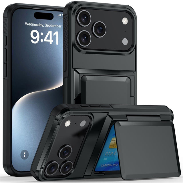 Husă de protecție neagră din policarbonat pentru Apple iPhone 17 Pro Max, cu compartiment carduri și suprafață anti-alunecare, vedere frontală