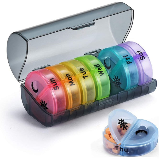 Cutie Depozitare Medicamente, Vivimall, 7 Zile, 14 Compartimente, Cutie Suport, Recipiente Detasabile, Portabila, Recipiente Colorate, Suport Negru, 17.5x11x9.5 cm