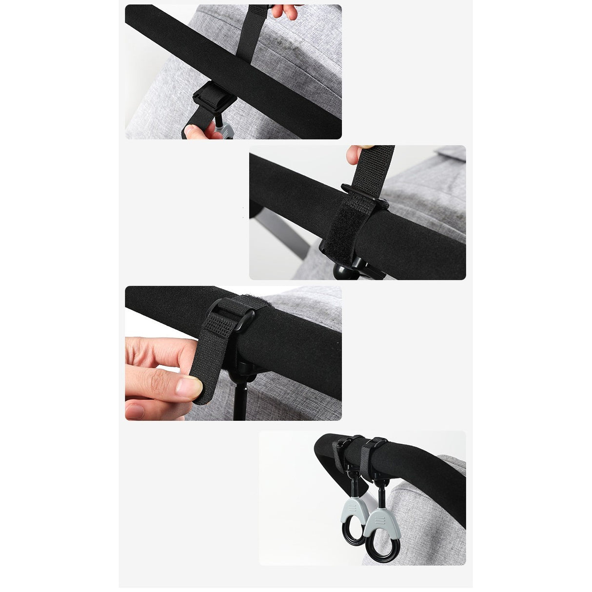 Set 2 Carlige pentru Carucior, Flippy, din Plastic si Velcro, Sarcina Maxima 2 kg, Negru