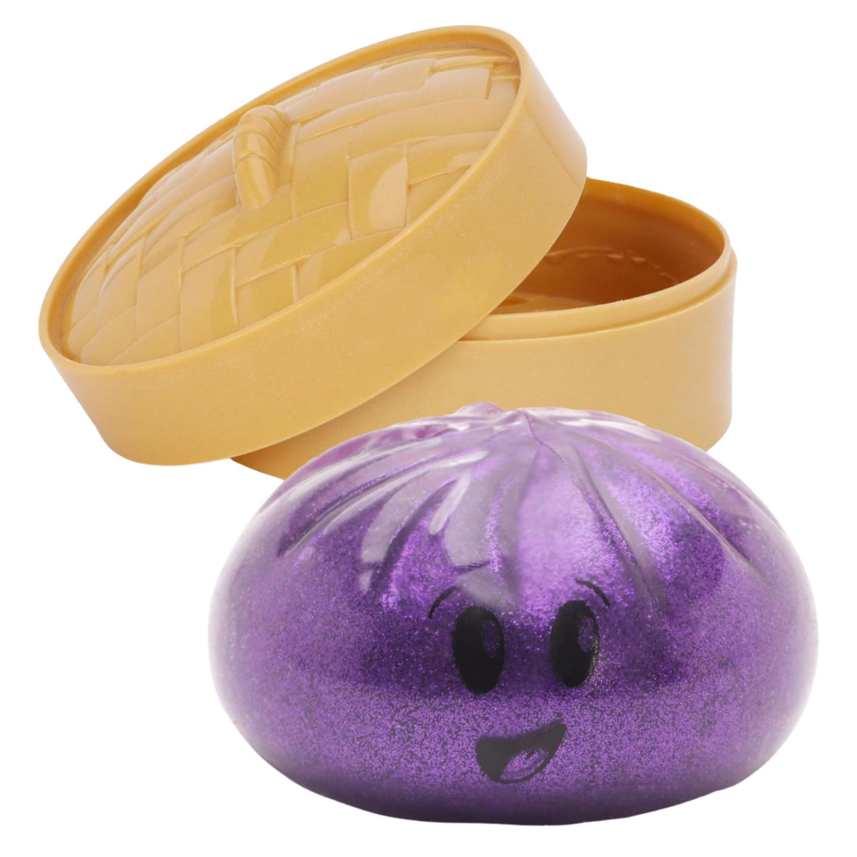 Jucărie antistres Squishy Flippy Emoji Bun cu sclipici, 10x10 cm, culoare mov, vedere frontală