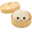 Jucărie antistres Flippy Squishy Gigant Gălușcă Bao Bun, 8.5 cm, alb/crem, vedere frontală cu coșuleț steamer