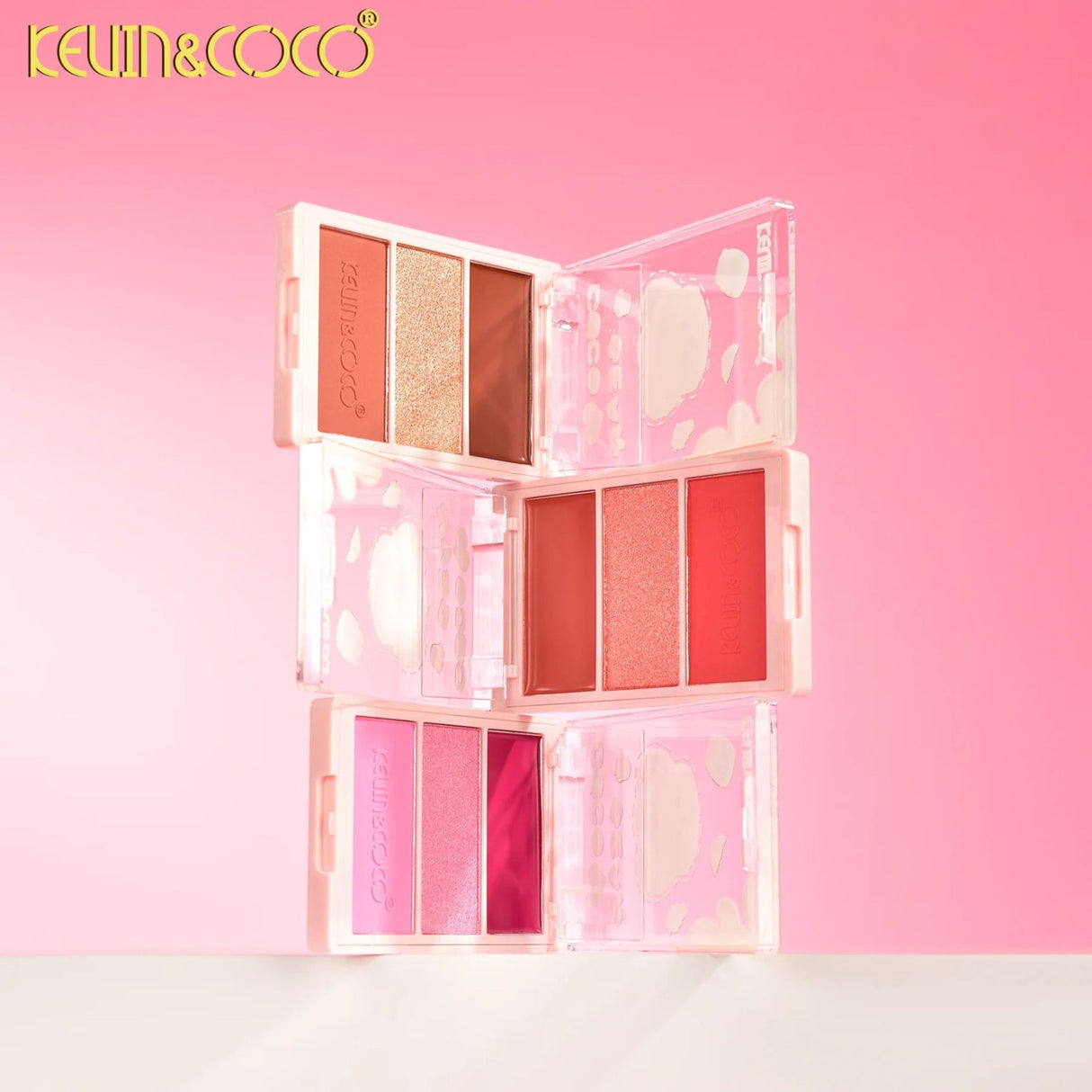Paleta Fard de Obraz, Kevin&Coco, 3 Culori, Blush, Iluminator, Contur, Textură Fină, Efect Natural, pentru Toate Tipurile de Ten, 71.7 g, 6.7 x 1.5 x 11 cm, Roz - vivimall.ro