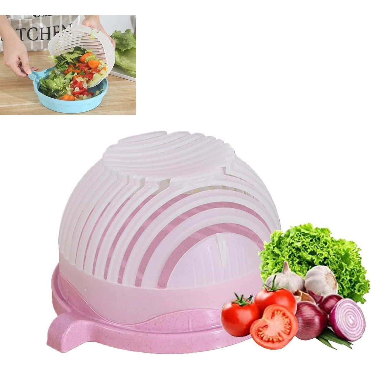 Bol Feliator Pentru Salata, Castron Multifunctional Pentru Legume Si Fructe, Pentru Spalat Si Taiat Legumele, Cu Scurgere Si Tocator, Ergonomic, Protectie Pentru Maini, 21X18.5X11.5 Cm - vivimall.ro