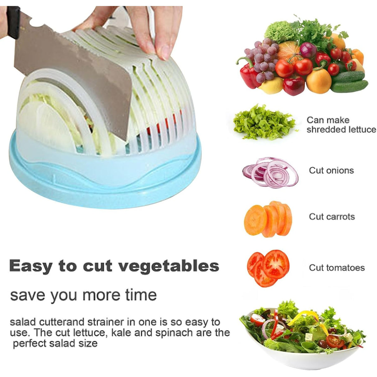 Bol Feliator Pentru Salata, Castron Multifunctional Pentru Legume Si Fructe, Pentru Spalat Si Taiat Legumele, Cu Scurgere Si Tocator, Ergonomic, Protectie Pentru Maini, 21X18.5X11.5 Cm - vivimall.ro