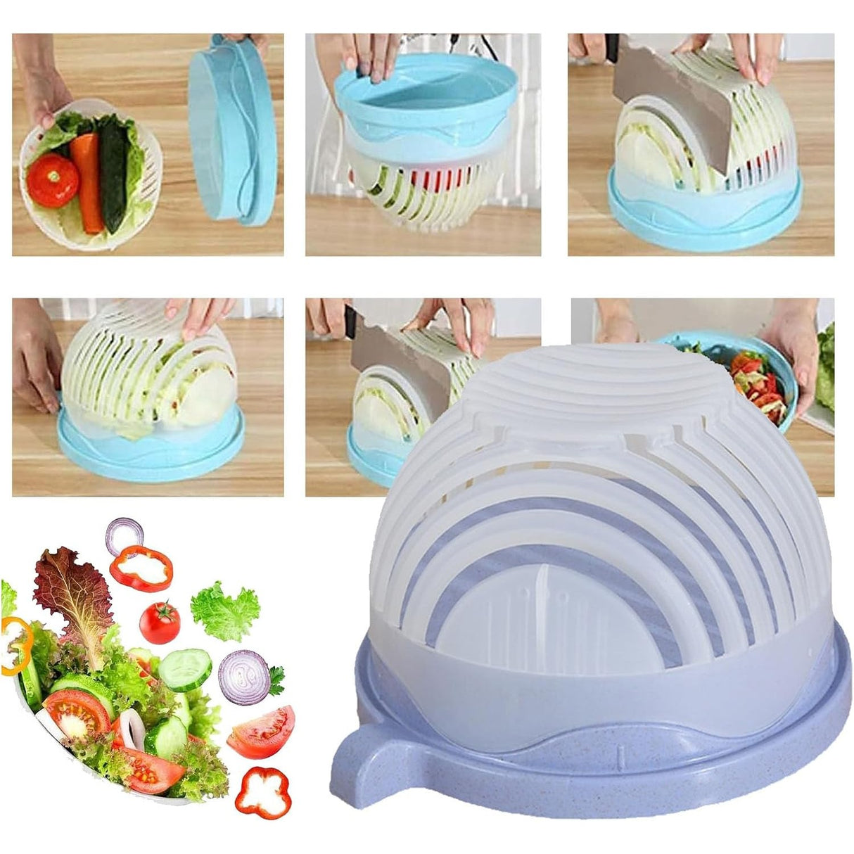 Bol Feliator Pentru Salata, Castron Multifunctional Pentru Legume Si Fructe, Pentru Spalat Si Taiat Legumele, Cu Scurgere Si Tocator, Ergonomic, Protectie Pentru Maini, 21X18.5X11.5 Cm - vivimall.ro