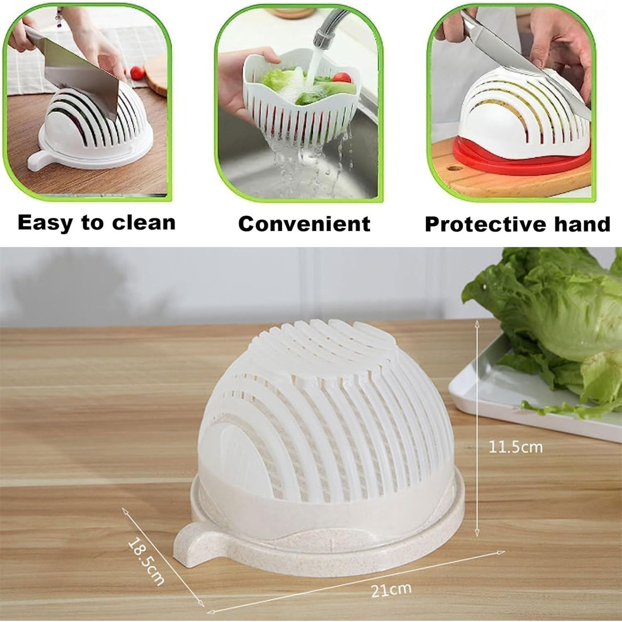 Bol Feliator Pentru Salata, Castron Multifunctional Pentru Legume Si Fructe, Pentru Spalat Si Taiat Legumele, Cu Scurgere Si Tocator, Ergonomic, Protectie Pentru Maini, 21X18.5X11.5 Cm - vivimall.ro