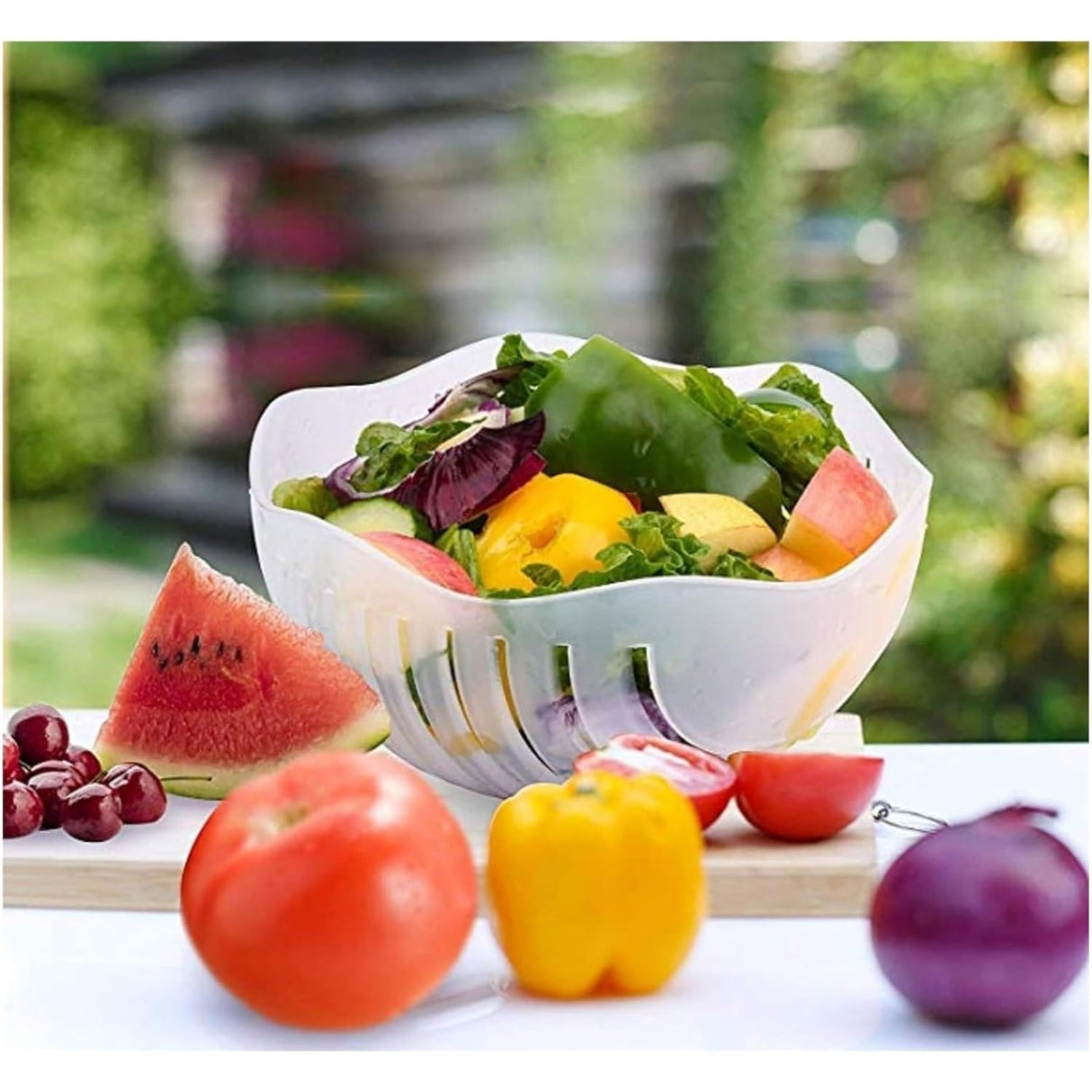 Bol Feliator Pentru Salata, Castron Multifunctional Pentru Legume Si Fructe, Pentru Spalat Si Taiat Legumele, Cu Scurgere Si Tocator, Ergonomic, Protectie Pentru Maini, 21X18.5X11.5 Cm - vivimall.ro