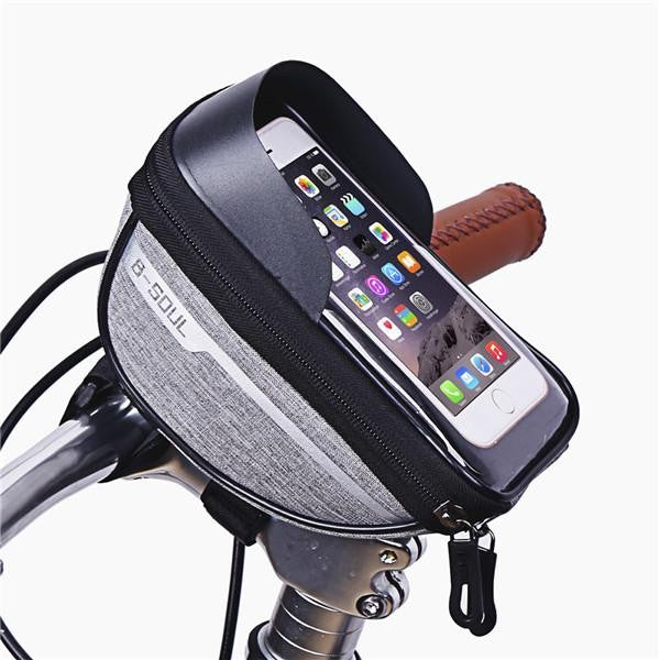 Borseta bicicleta impermeabila cu husa pentru telefon Flippy, montare pe ghidon, compatibila cu telefoane de pana la 16 cm, spatiu depozitare, 18.5x9.5 cm, gri - vivimall.ro