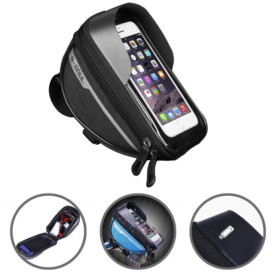 Borseta bicicleta impermeabila cu husa pentru telefon Flippy, montare pe ghidon, compatibila cu telefoane de pana la 16 cm, spatiu depozitare, 18.5x9.5 cm, negru - vivimall.ro