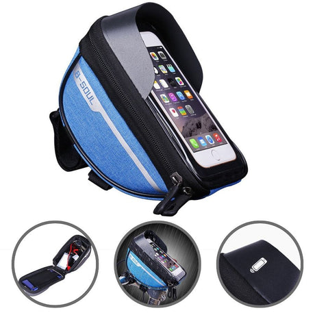 Borseta bicicleta impermeabila cu husa pentru telefon Flippy, montare pe ghidon, compatibila cu telefoane de pana la 16 cm, spatiu depozitare, 18.5x9.5 cm, albastru - vivimall.ro