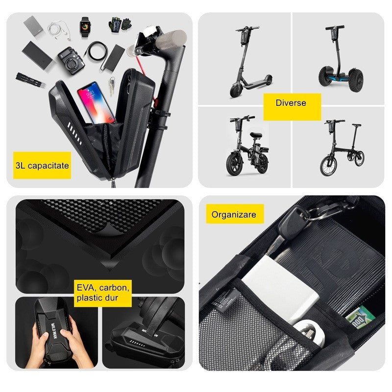 Borseta pentru bicicleta/trotineta Vivimall, spatiu de depozitare, antisoc, waterproof, cu fermoar, 3L, material carbon si plastic dur,  pentru trotineta electrica scuter, bicicleta, negru - vivimall.ro