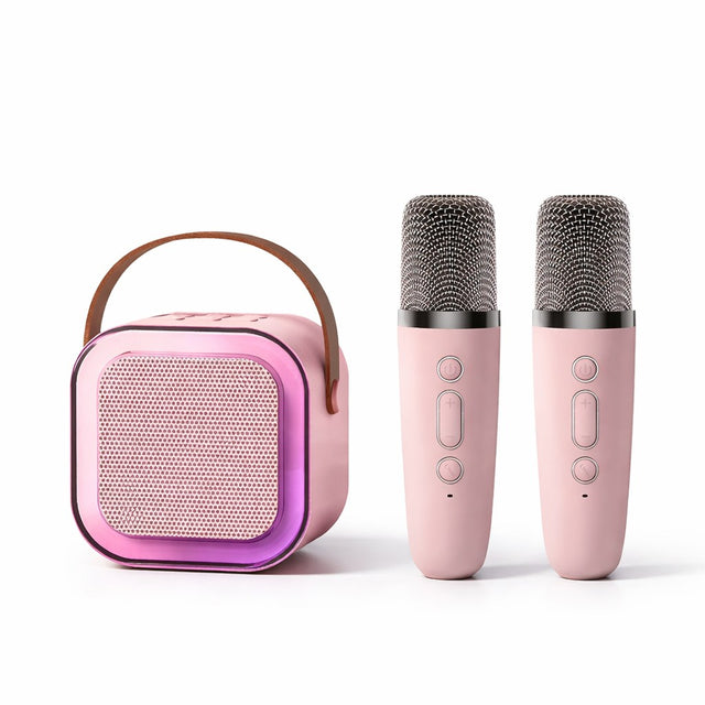 Boxă portabilă karaoke Flippy K12-2 roz cu LED RGB și 2 microfoane wireless, vedere frontală