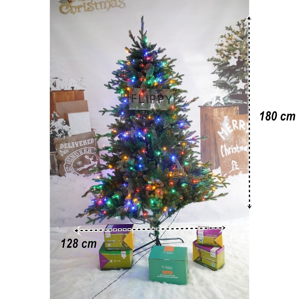 Brad Artificial de Craciun, Becuri led incluse in ramuri, pentru interior/exterior, inaltime 180 cm, diametru 128 cm, 1246 ramuri, Flippy, verde, suport metalic inclus - vivimall.ro
