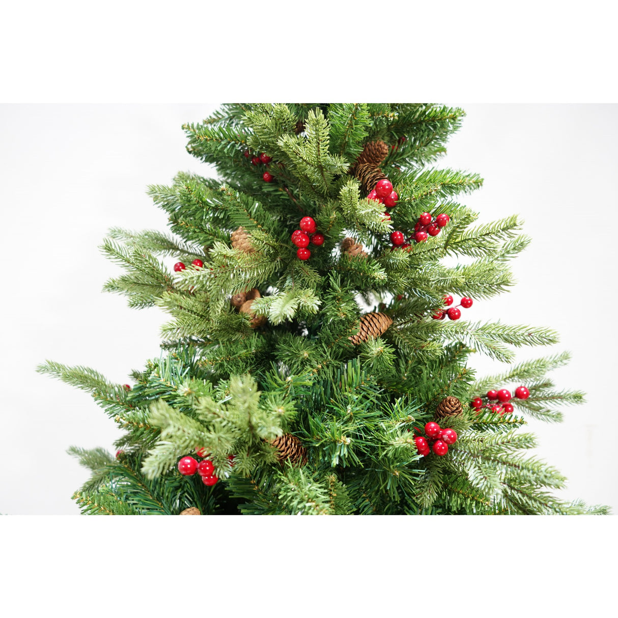 Brad Artificial De Craciun Bogat, Decorat Cu Conuri Pin Rosii, Inaltime 180 Cm, 774 Ramuri, Suport Metalic Inclus
