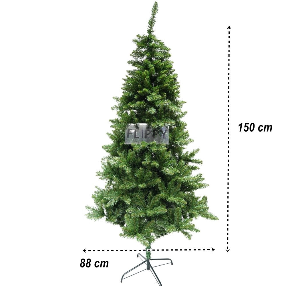 Brad artificial de Craciun, clasic, pentru interior/exterior, inaltime 150 cm, diametru 88 cm, 437 ramuri, Flippy, verde, suport metalic inclus - vivimall.ro