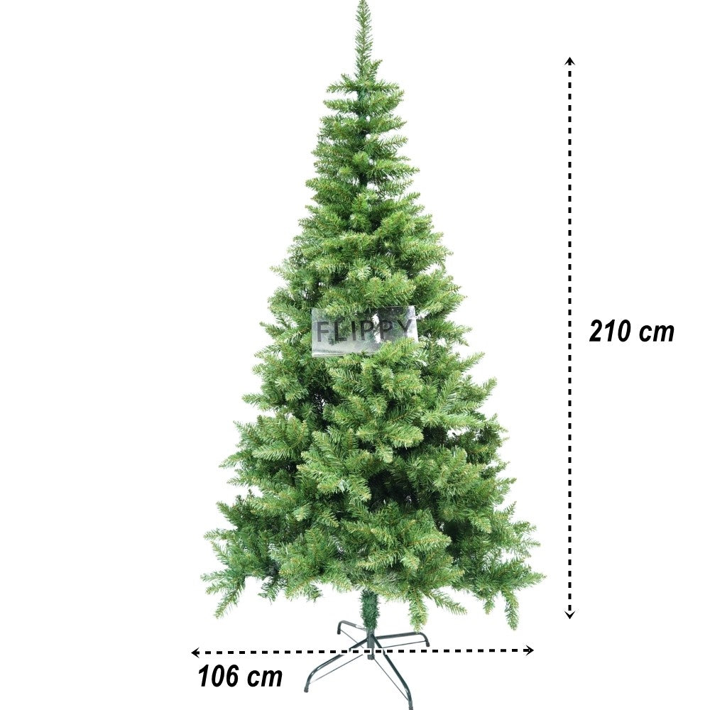 Brad artificial de Craciun, clasic, pentru interior/exterior, inaltime 210 cm, diametru 106 cm, 663 ramuri, Flippy, verde, suport metalic inclus - vivimall.ro