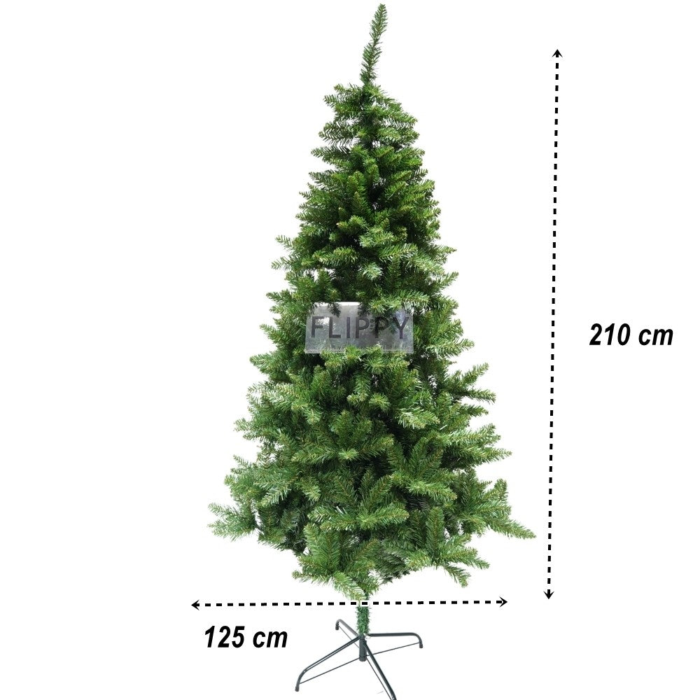 Brad artificial de Craciun, clasic, pentru interior/exterior, inaltime 210 cm, diametru 125 cm, 957 ramuri, Flippy, verde, suport metalic inclus - vivimall.ro