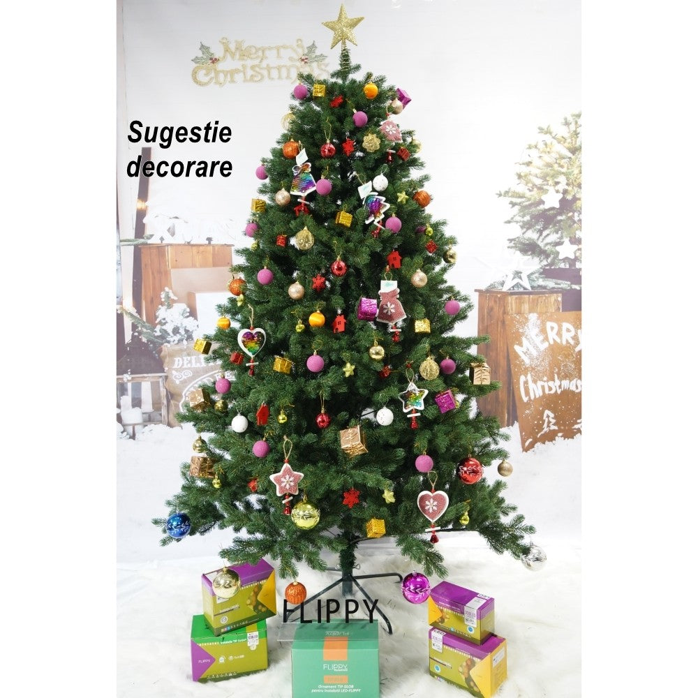 Brad artificial de Craciun, clasic, pentru interior/exterior, inaltime 210 cm, diametru 138 cm, 858 ramuri, Flippy, verde, suport metalic inclus - vivimall.ro