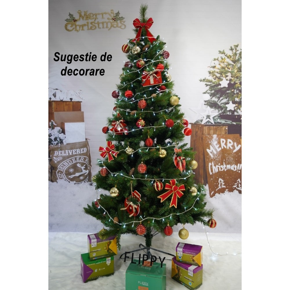 Brad artificial de Craciun, Decorat cu conuri de pin, pentru interior/exterior, inaltime 210 cm, diametru 114 cm, 1057 ramuri, Flippy, verde, suport metalic inclus - vivimall.ro