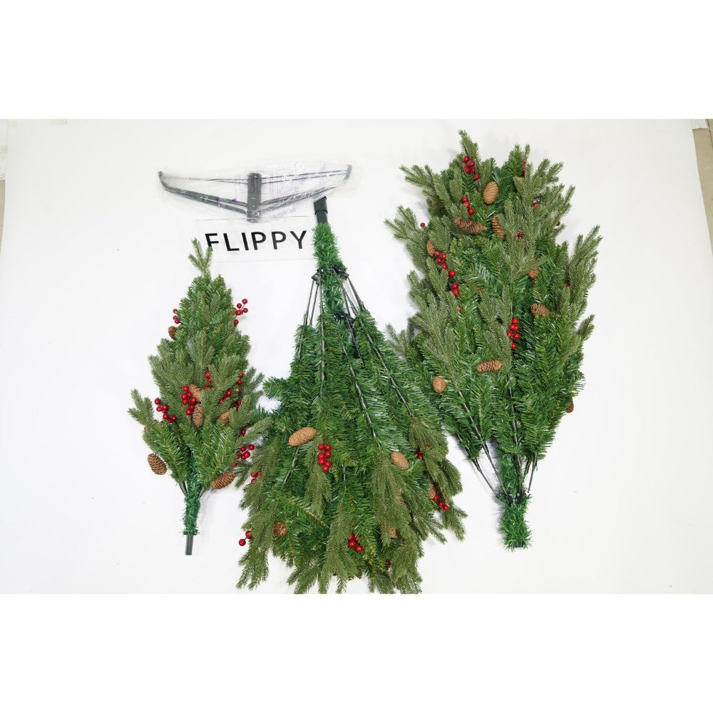 Brad artificial de Craciun, decorat cu conuri pin rosii, inaltime 150 cm, diametru 68 cm, 506 ramuri, Flippy, verde, suport metalic inclus - vivimall.ro