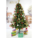 Brad artificial de Craciun, decorat cu conuri pin rosii, inaltime 150 cm, diametru 68 cm, 506 ramuri, Flippy, verde, suport metalic inclus - vivimall.ro