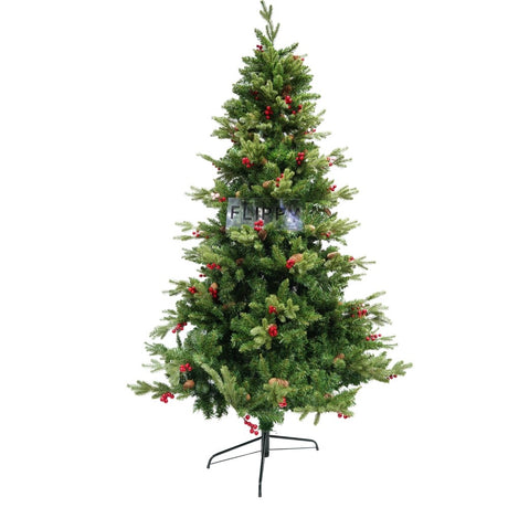 Brad artificial de Craciun, decorat cu conuri pin rosii, inaltime 150 cm, diametru 68 cm, 506 ramuri, Flippy, verde, suport metalic inclus - vivimall.ro