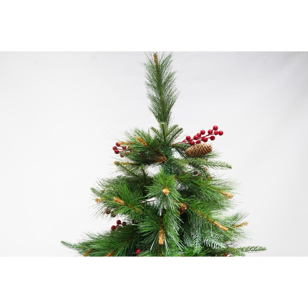 Brad artificial de Craciun Bogat Premium, decorat cu conuri pin rosii, inaltime 180 cm, 414 ramuri, Flippy, verde, suport metalic inclus - vivimall.ro