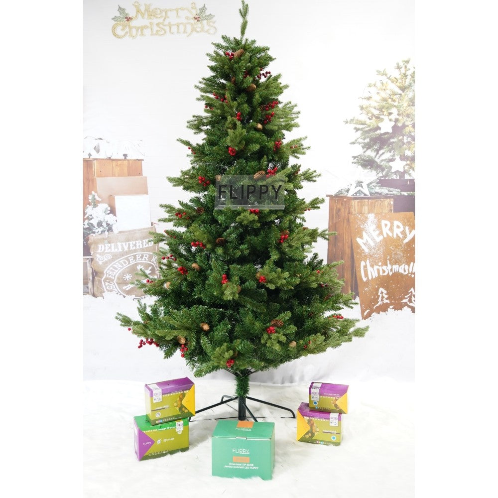 Brad Artificial De Craciun Bogat, Decorat Cu Conuri Pin Rosii, Inaltime 240 Cm, 1652 Ramuri, Suport Metalic Inclus