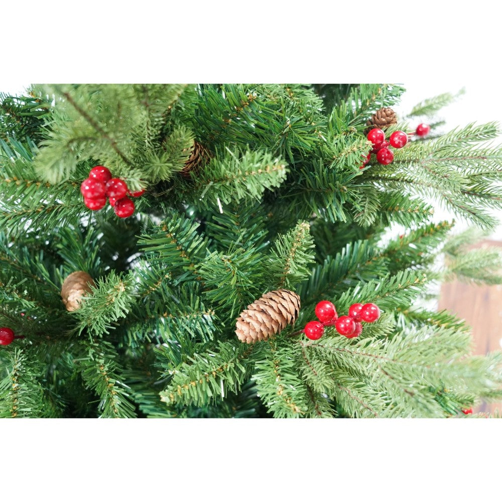 Brad Artificial De Craciun Bogat, Decorat Cu Conuri Pin Rosii, Inaltime 240 Cm, 1652 Ramuri, Suport Metalic Inclus