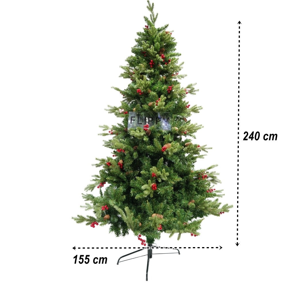 Brad Artificial De Craciun Bogat, Decorat Cu Conuri Pin Rosii, Inaltime 240 Cm, 1652 Ramuri, Suport Metalic Inclus