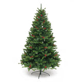 Brad Artificial De Craciun Bogat, Decorat Cu Conuri Pin Rosii, Inaltime 240 Cm, 1652 Ramuri, Suport Metalic Inclus