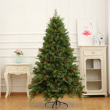 Brad Artificial De Craciun Bogat, Decorat Cu Conuri Pin Rosii, Inaltime 240 Cm, 1652 Ramuri, Suport Metalic Inclus