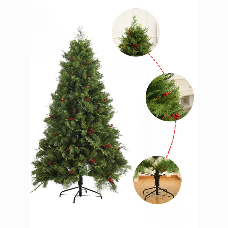 Brad Artificial De Craciun Bogat, Decorat Cu Conuri Pin Rosii, Inaltime 240 Cm, 1652 Ramuri, Suport Metalic Inclus