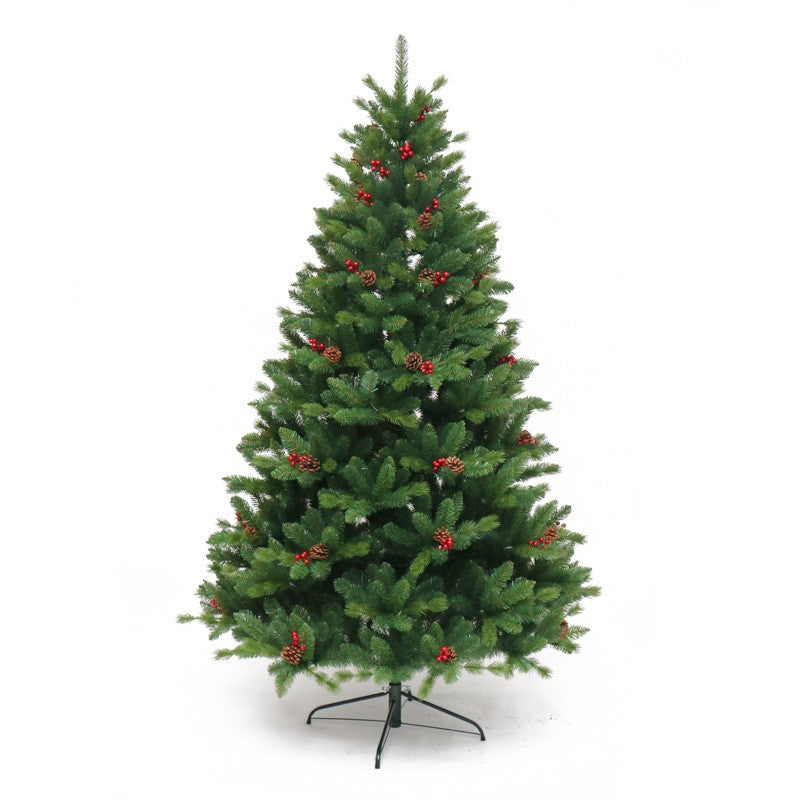 Brad Artificial De Craciun Bogat, Decorat Cu Conuri Pin Rosii, Inaltime 240 Cm, 1652 Ramuri, Suport Metalic Inclus