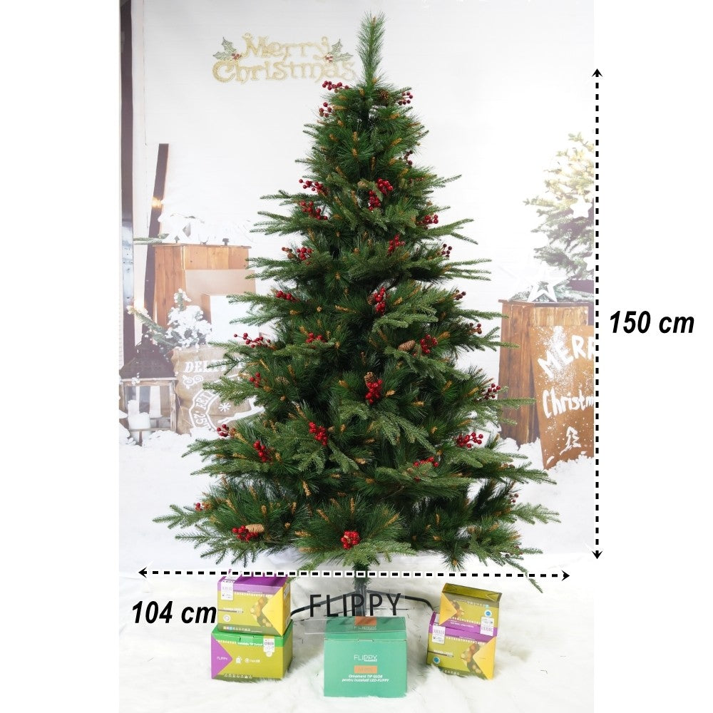 Brad artificial de Craciun, decorat cu conuri pin rosii, pentru interior/exterior, inaltime 150 cm, diametru 104 cm, 323 ramuri, Flippy, verde, suport metalic inclus - vivimall.ro