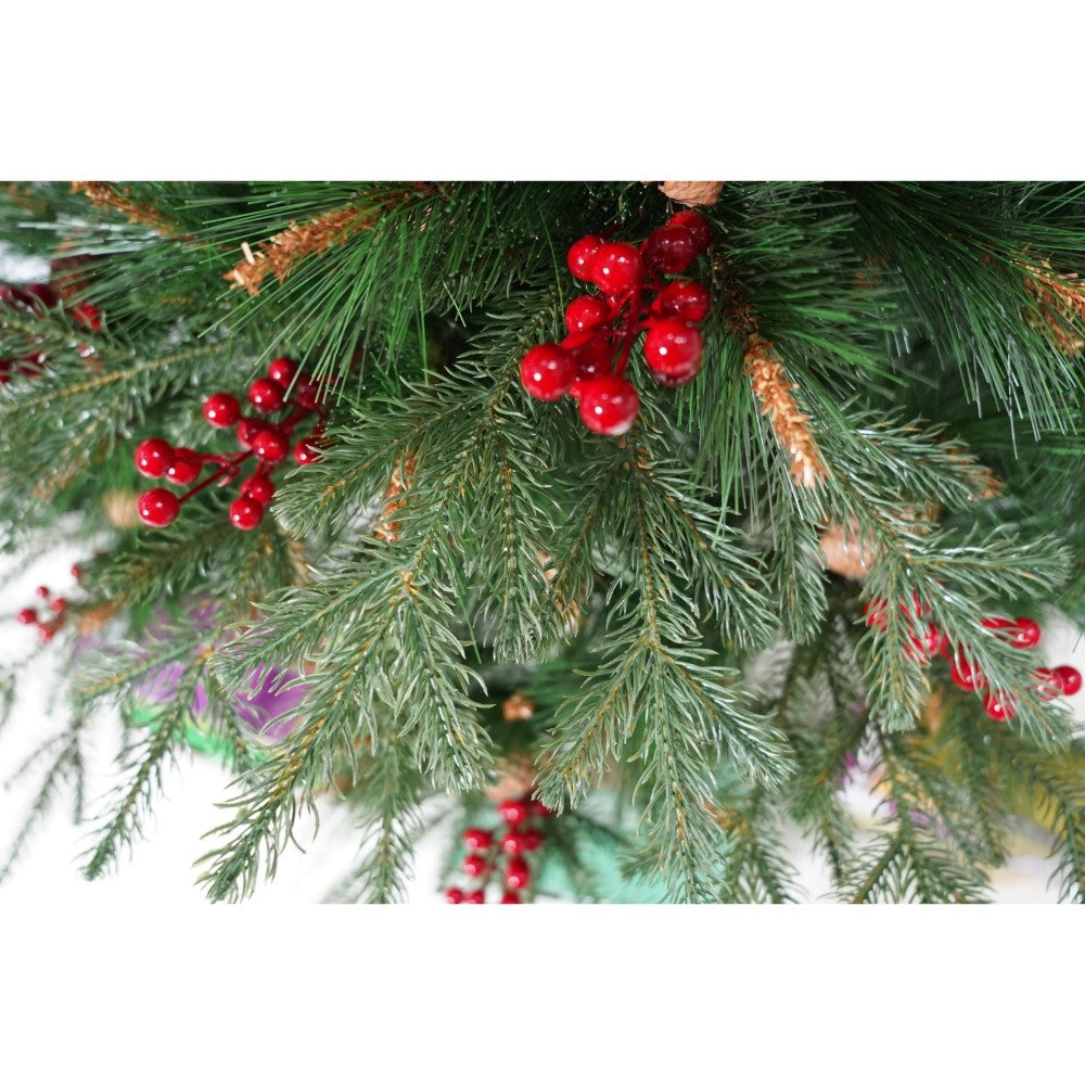 Brad artificial de Craciun, decorat cu conuri pin rosii, pentru interior/exterior, inaltime 150 cm, diametru 104 cm, 323 ramuri, Flippy, verde, suport metalic inclus - vivimall.ro